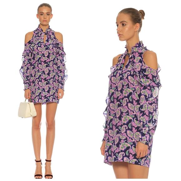 Sandro Paris 100% Silk Purple Paisley Ruffle Cold Shoulder Mini Party Dress 3/L - Picture 1 of 16